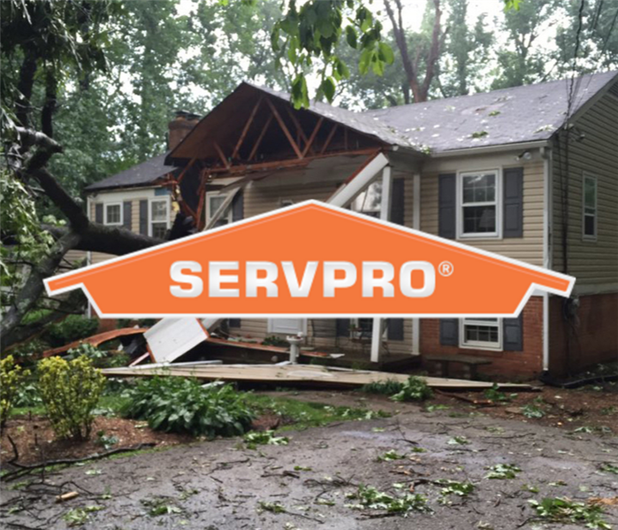 SERVPRO logo with tree on house from storm damage 